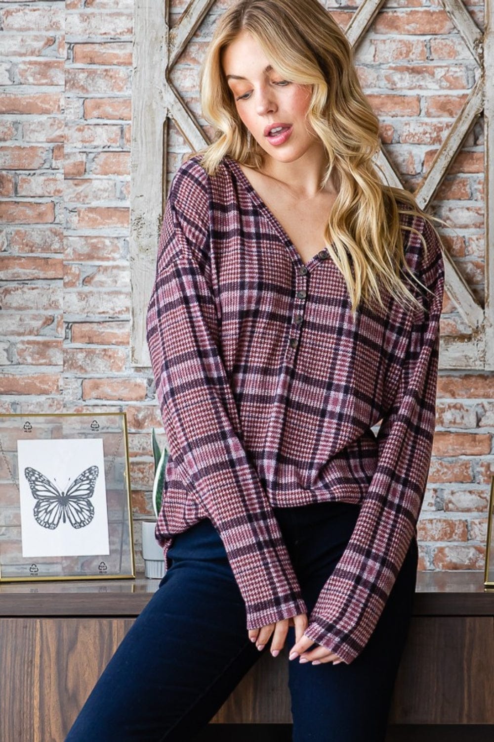 Dark Gray Heimish Full Size Plaid V-Neck Long Sleeve Top