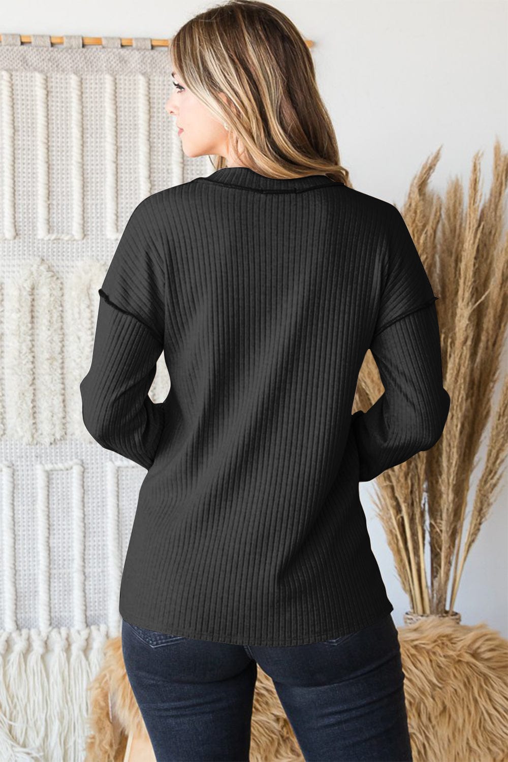 Black Heimish Full Size Ribbed V-Neck Exposed Seam Top