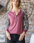 Heimish Full Size Snakeskin Print Raglan Sleeve Half Button Top