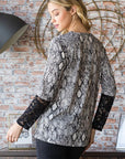 Heimish Full Size Snakeskin Print Round Neck Lace Contrast Top