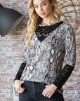 Heimish Full Size Snakeskin Print Round Neck Lace Contrast Top