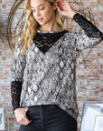 Heimish Full Size Snakeskin Print Round Neck Lace Contrast Top