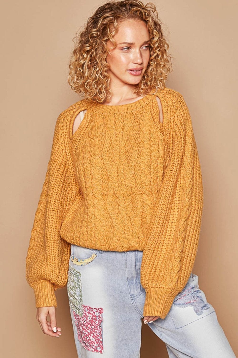 Tan POL Cable Knit Cutout Long Sleeve Sweater