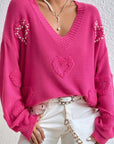 Pearl Trim Heart V-Neck Sweater