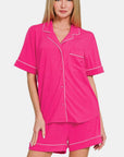 Zenana Button Down Short Sleeve Top and Shorts Lounge Set