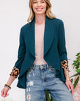 Celeste Full Size Rolled Leopard Cuff Open Front Blazer