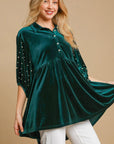 Umgee Pearl Detail Half Sleeve Velvet Babydoll Blouse