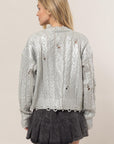 HYFVE Distressed Cable-Knit Round Neck Long Sleeve Sweater