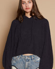 POL Back Open Slit Balloon Sleeve Crop Hooded Sweater