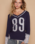 POL V-Neck Long Sleeve Floral Number Patch T-Shirt