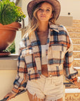 BiBi Brushed Plaid Crop Jacket with Pockets