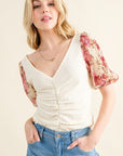 Antique White And The Why Full Size Floral Print Textured Sleeve Knit Top