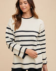 Annie Wear Side Slit Striped Round Neck Sweater