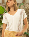 Dark Khaki POL Inset Lace Outseam Detail Short Sleeve V-Neck T-Shirt