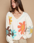 POL V-Neck Long Sleeve Flower Fringe Sweater