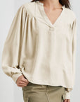 Light Gray Ruched Notched Long Sleeve Blouse