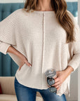 Waffle-Knit Slit Round Neck Long Sleeve Top