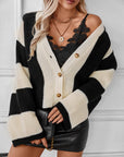 Waffle-Knit V-Neck Striped Long Sleeve Cardigan