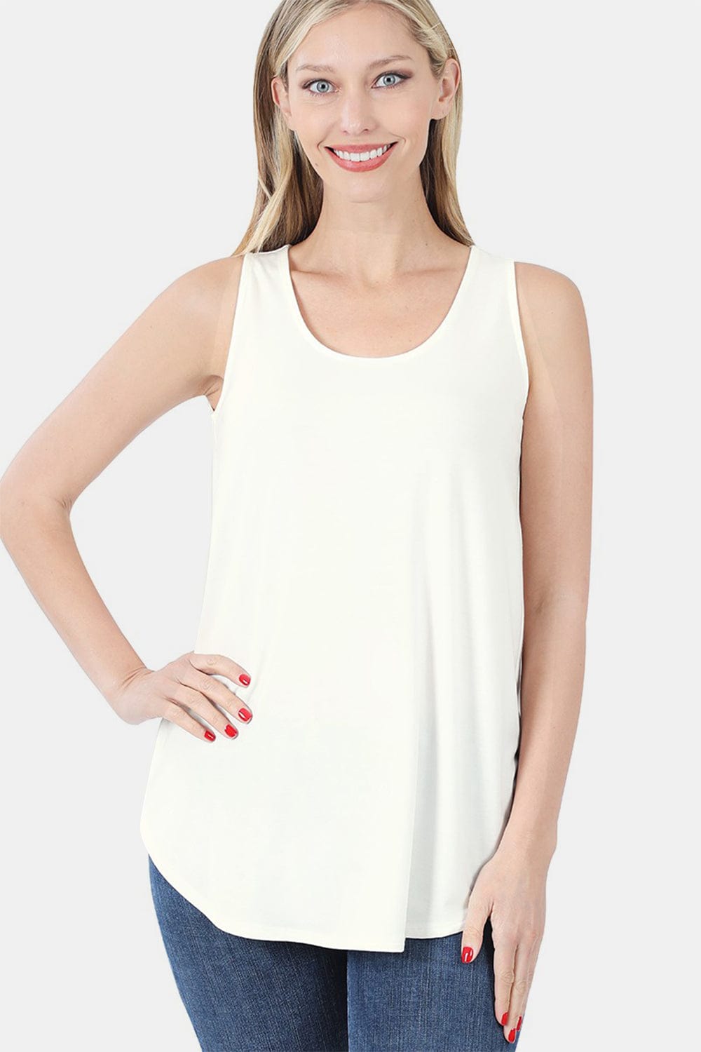 Beige Zenana Round Neck Curved Hem Tank