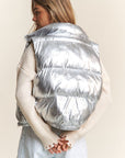 J.NNA Snap and Zipper Shiny Metallic Puffer Vest