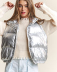 J.NNA Snap and Zipper Shiny Metallic Puffer Vest