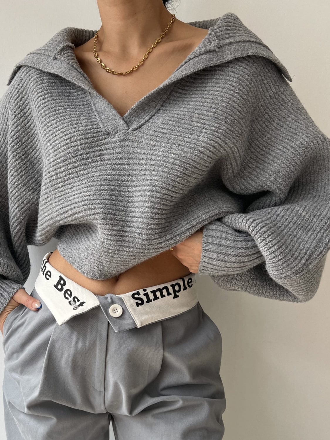 Slate Gray Johnny Collar Long Sleeve Sweater