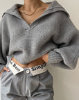 Slate Gray Johnny Collar Long Sleeve Sweater