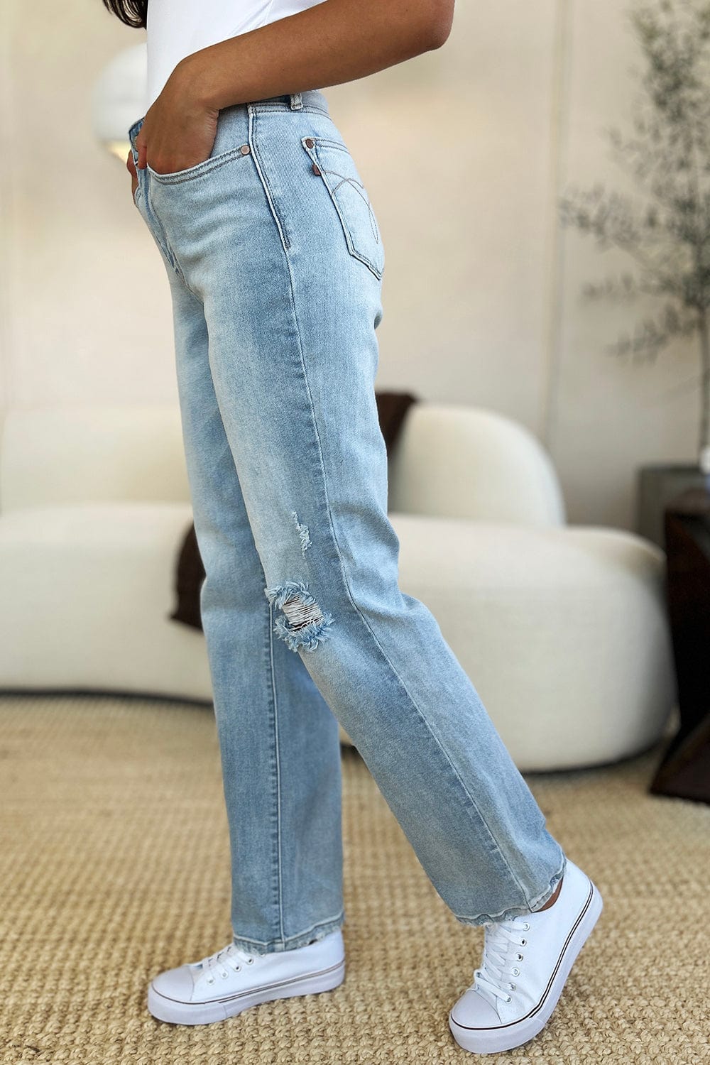 Gray Judy Blue Full Size High Waist Distressed Straight Jeans