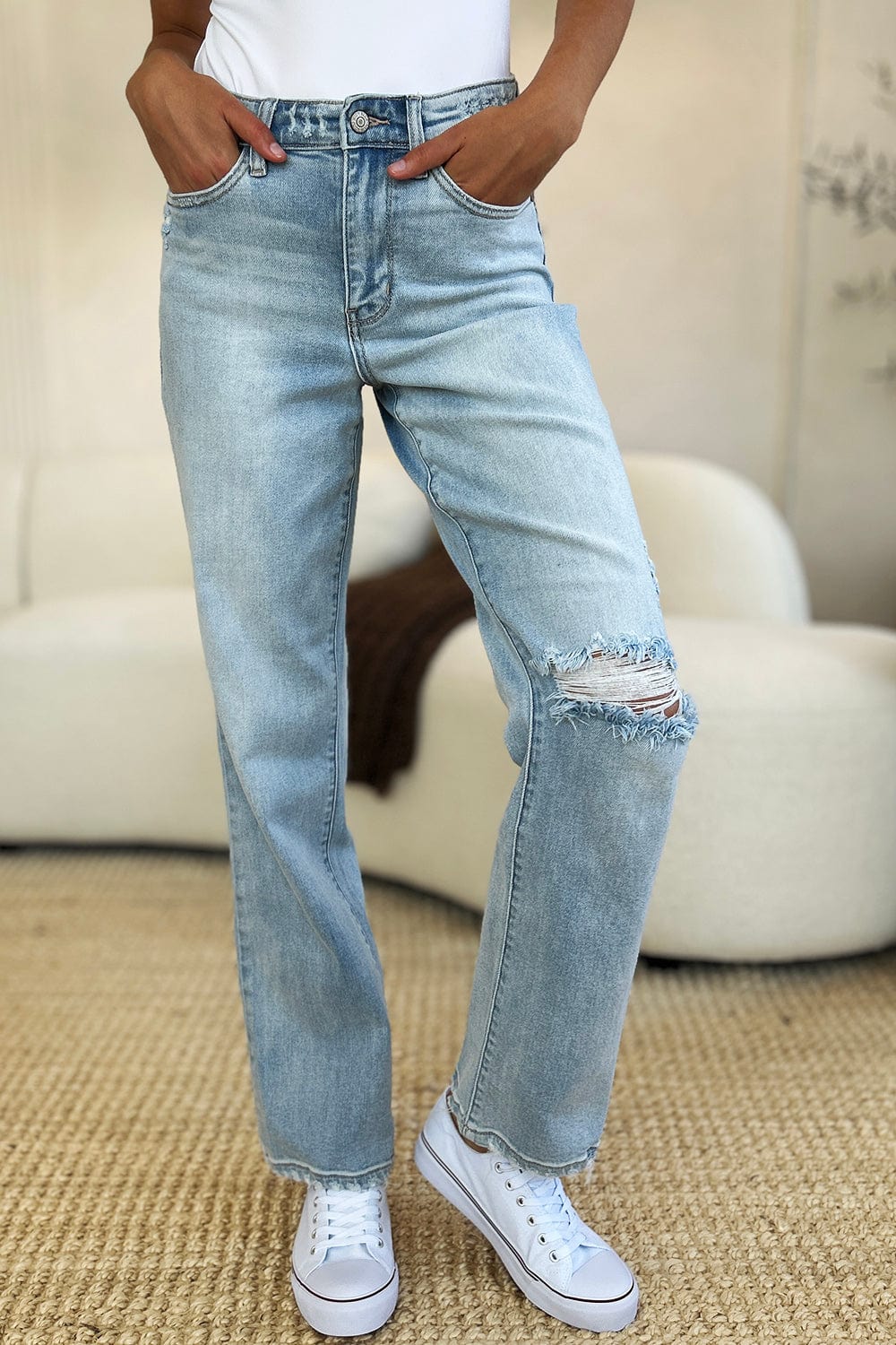 Dark Gray Judy Blue Full Size High Waist Distressed Straight Jeans