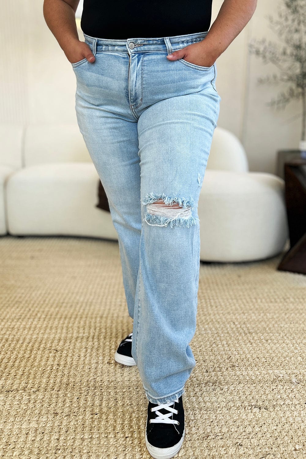 Gray Judy Blue Full Size High Waist Distressed Straight Jeans