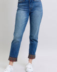 Judy Blue Full Size Plaid Print Cuff Straight Leg Jeans with Pockets