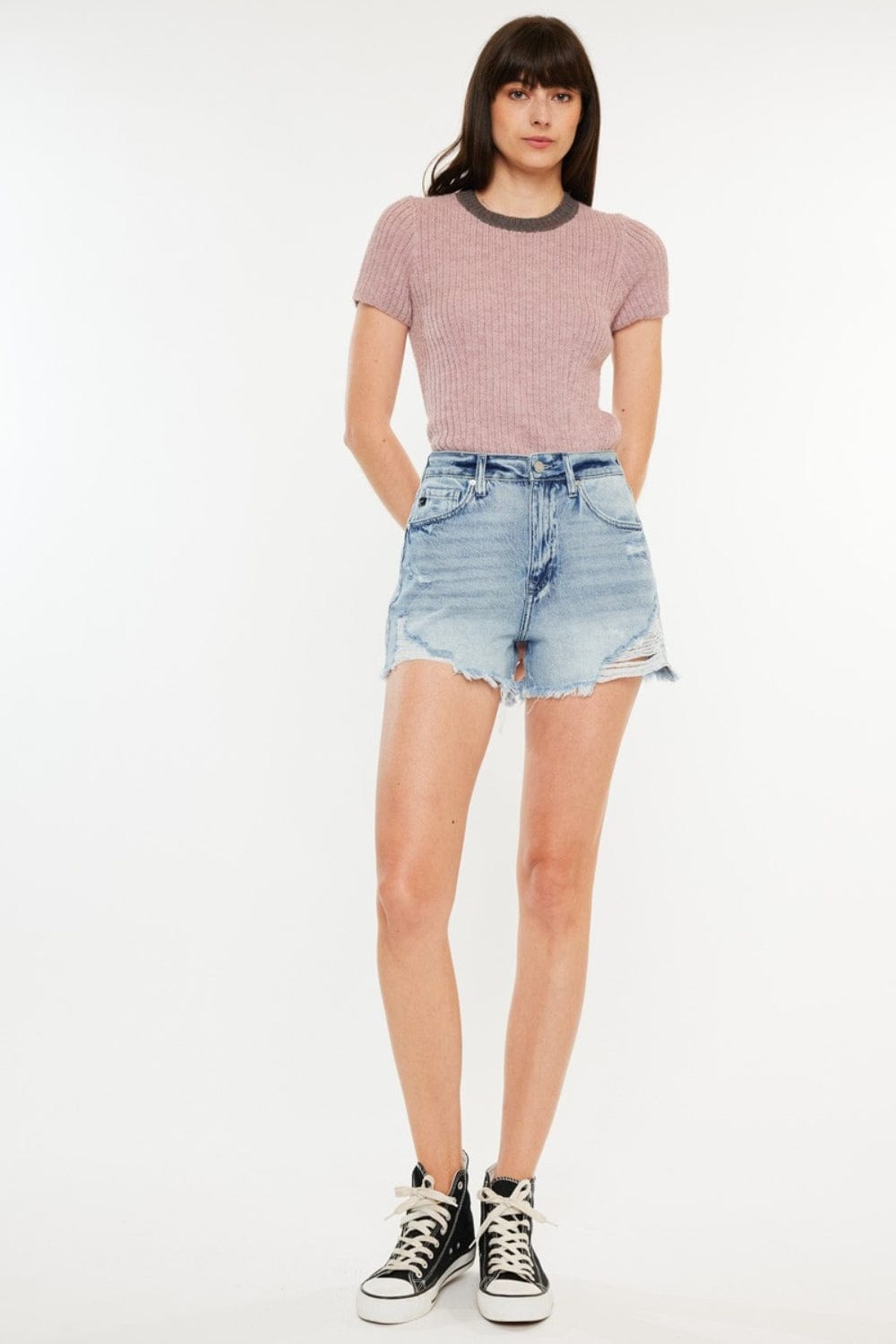 White Smoke Kancan Distressed High Waist Denim Shorts with Pockets