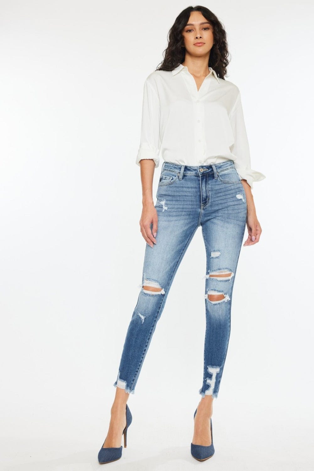 White Smoke Kancan High Rise Frayed Ankle Skinny Jeans