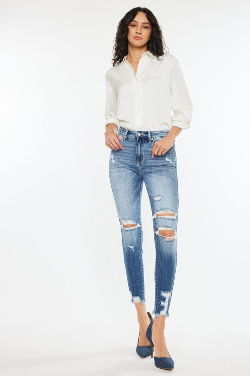 White Smoke Kancan High Rise Frayed Ankle Skinny Jeans