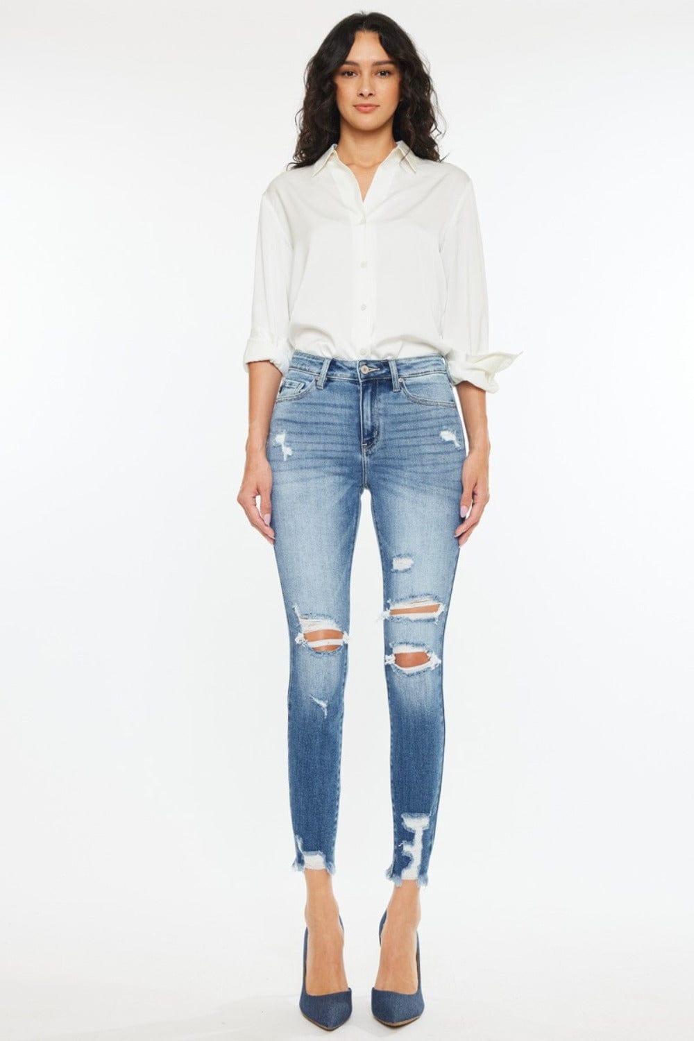 White Smoke Kancan High Rise Frayed Ankle Skinny Jeans