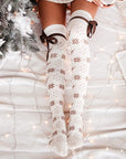 Christmas Element Bowknot Ribbed Trim Over Knee Stockings