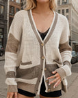 Rosy Brown Contrast Button Up Long Sleeve Cardigan