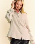 Davi & Dani Crochet Sleeve Crinkled Texture Shirt