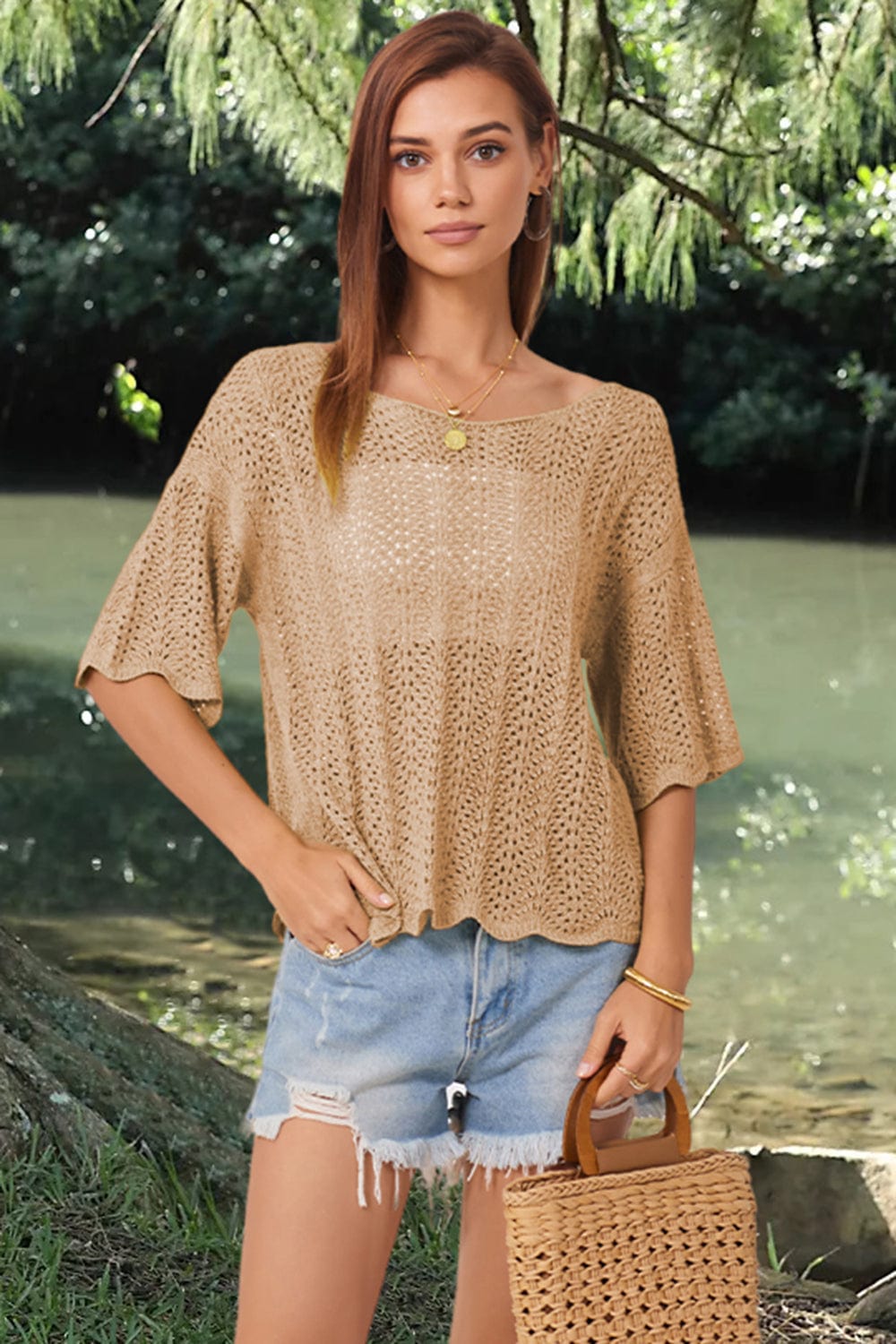 Rosy Brown Openwork Round Neck Half Sleeve Knit Top