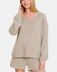 Zenana V-Neck Long Sleeve Ribbed Top and Shorts Set