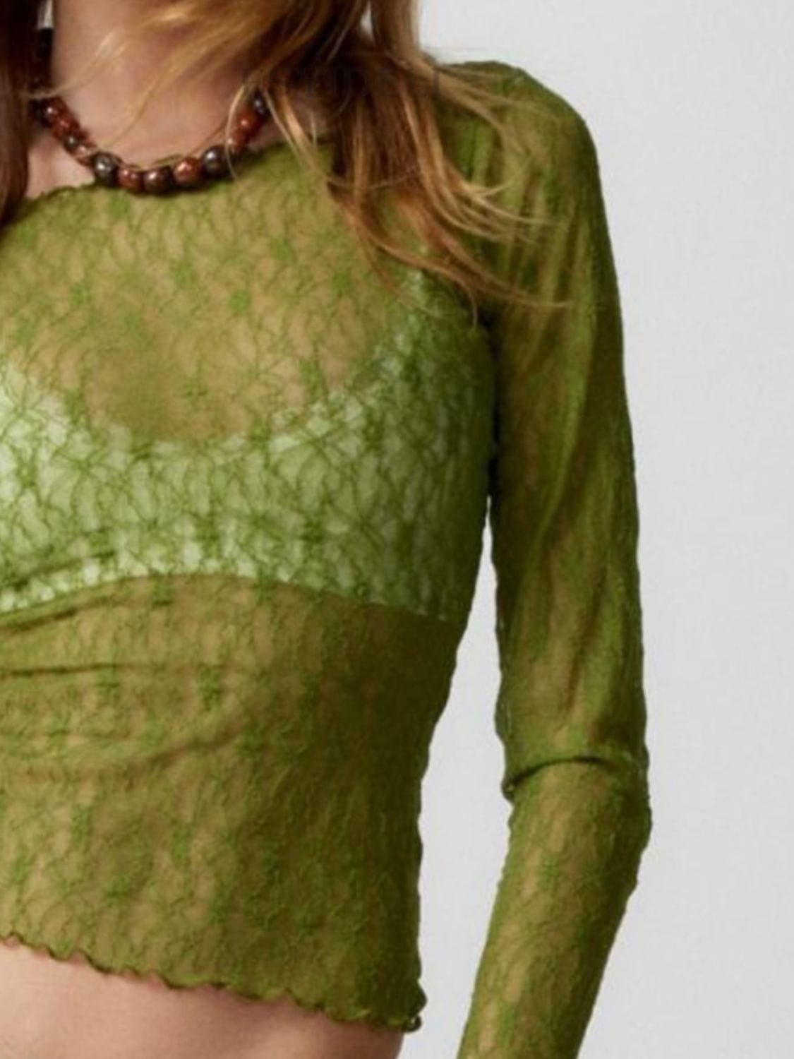 Olive Drab Lace Boat Neck Long Sleeve Blouse