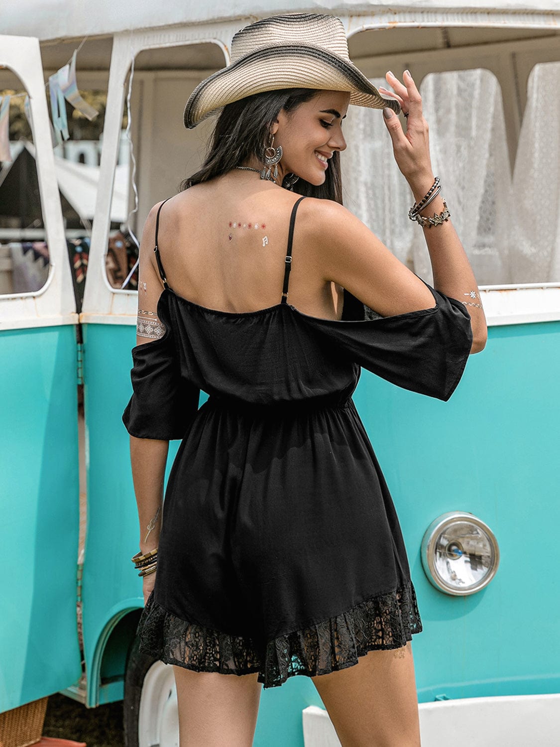 Dark Slate Gray Lace Detail Cold Shoulder Romper