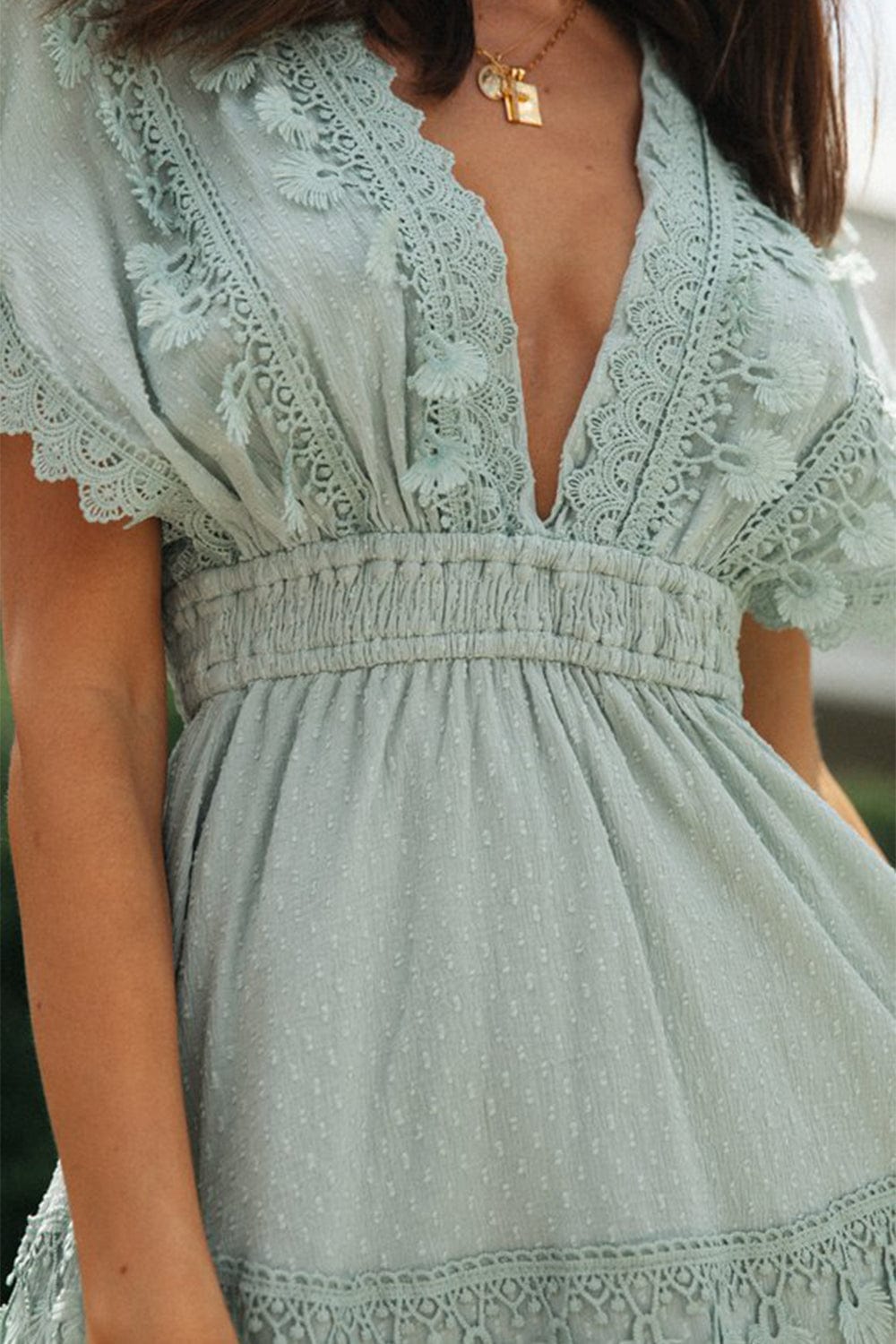 Dark Gray Lace Detail Plunge Short Sleeve Mini Dress