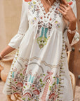 Tan Lace Detail Printed Three-Quarter Sleeve Dress