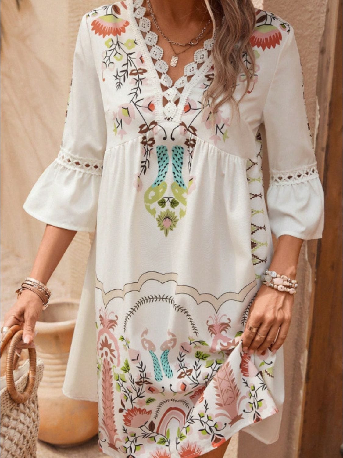 Tan Lace Detail Printed Three-Quarter Sleeve Dress