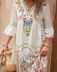 Tan Lace Detail Printed Three-Quarter Sleeve Dress