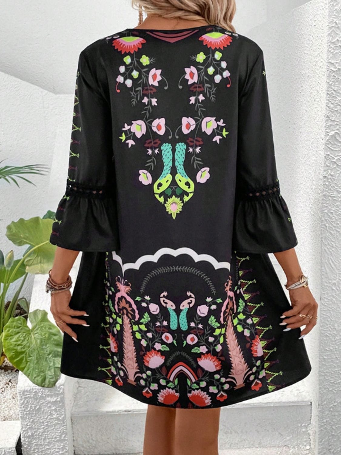 Black Lace Detail Printed Three-Quarter Sleeve Dress