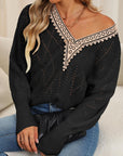 Dark Slate Gray Lace Detail V-Neck Long Sleeve Sweater