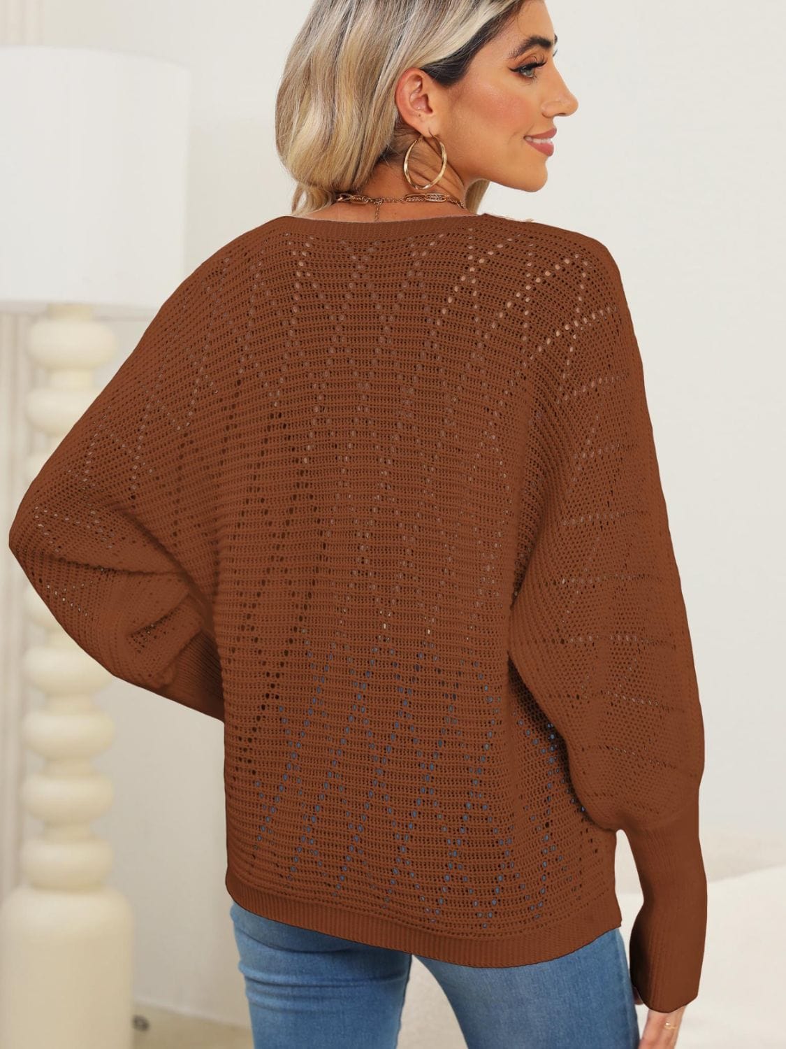 Saddle Brown Lace Detail V-Neck Long Sleeve Sweater