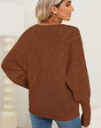 Saddle Brown Lace Detail V-Neck Long Sleeve Sweater